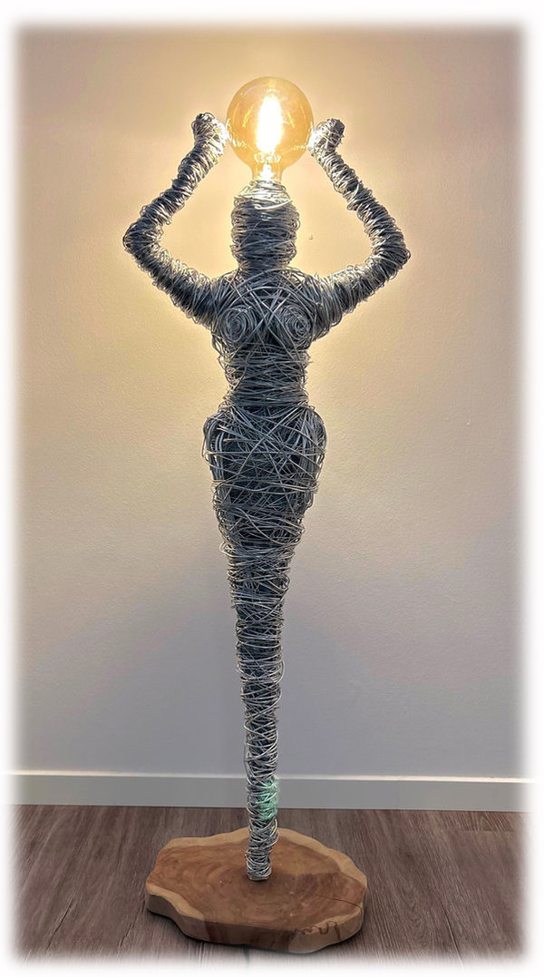 Skulptur Drahtfigur Figur Draht Lampe Handarbeit Teak Design Kunst N2 Dekoration