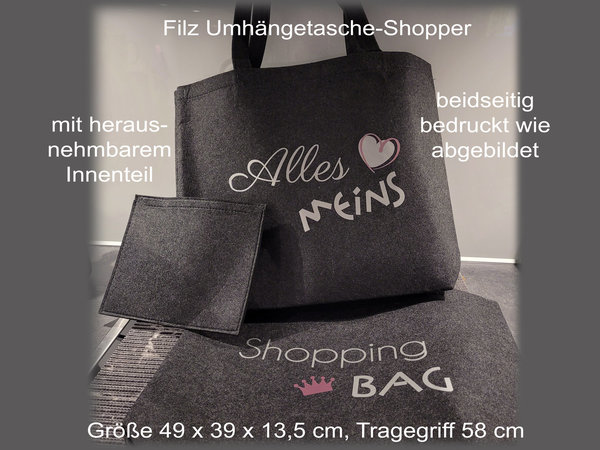 Filz Shopper anthrazit Shopping Queen + Alles meins mit Innentasche